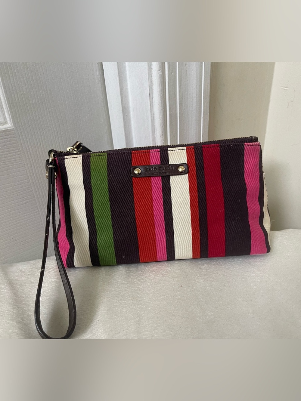 kate spade Vintage Striped Wristlet in Pink, Red, Green & Cream